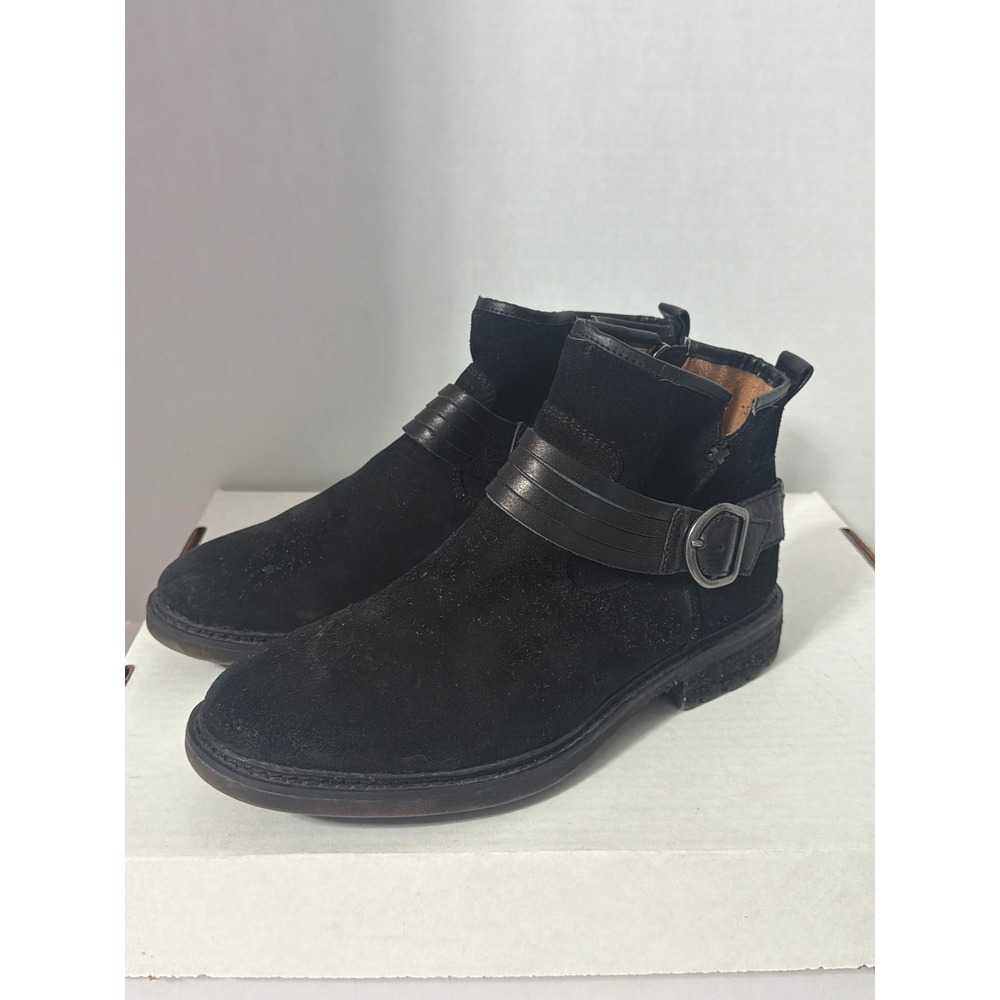 Sofft Women Black Suede Leather Buckle Ankle Boots Lug Sole Side Zip Booties